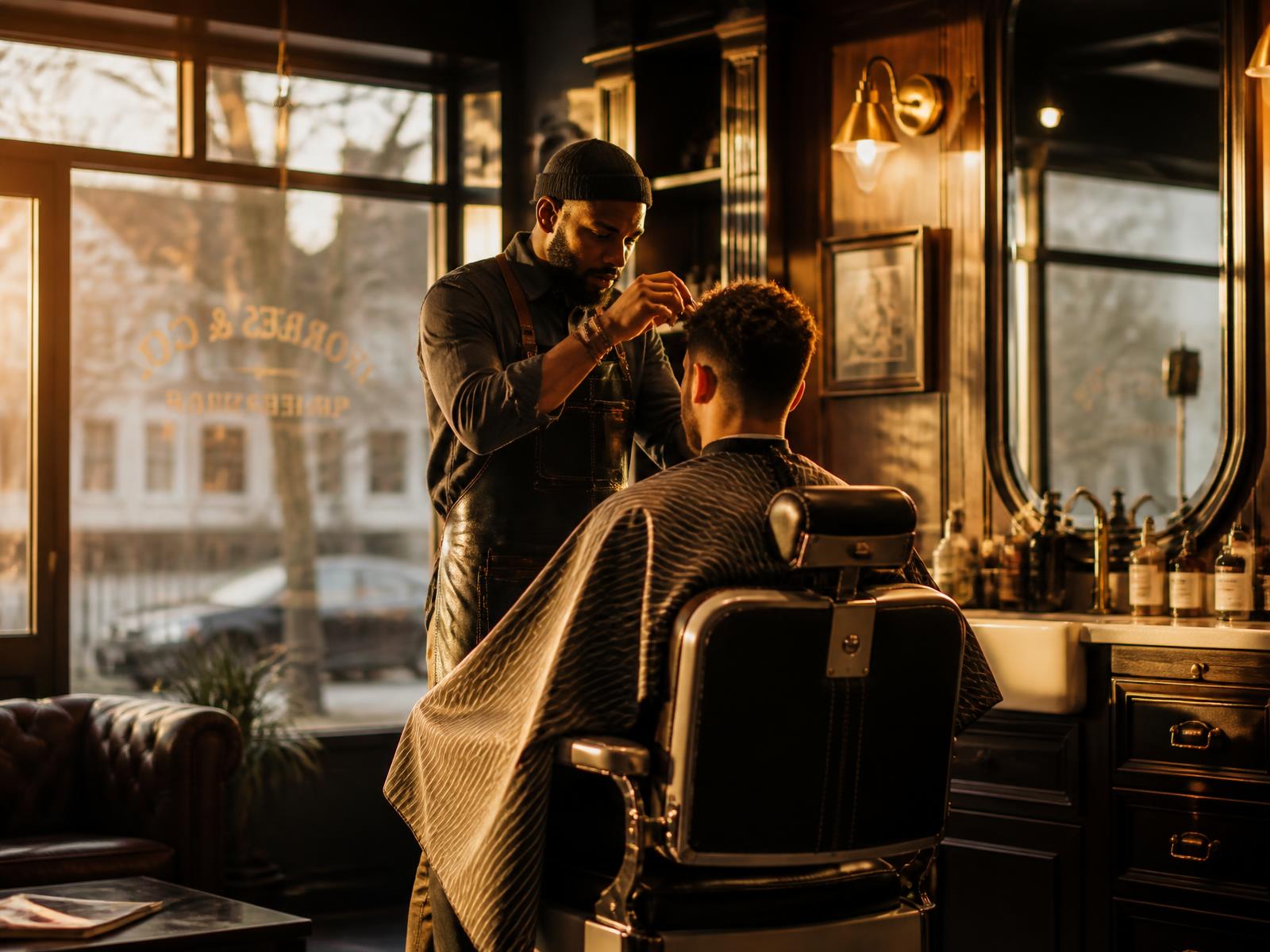 A barber finishing a client's haircut in a warmly lit shop