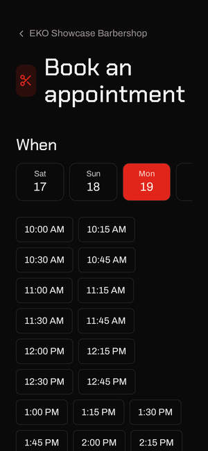 EKO Showcase Barbershop public booking page on a phone, with services and prices