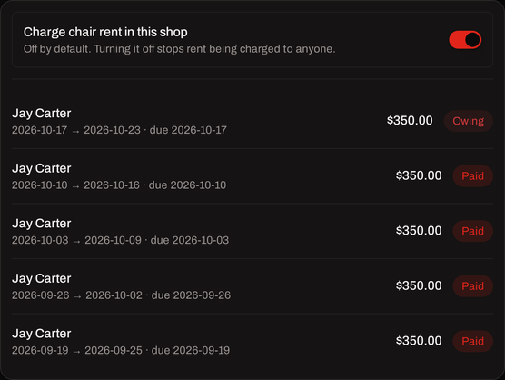 Jay's weekly chair rent charges in EKO, showing paid charges and the current amount owing