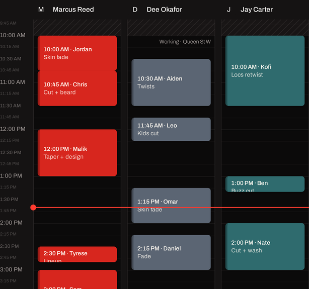 Real EKO day schedule with Marcus, Dee and Jay's appointments, from 9:45 AM to 3:30 PM at the sample showcase shop